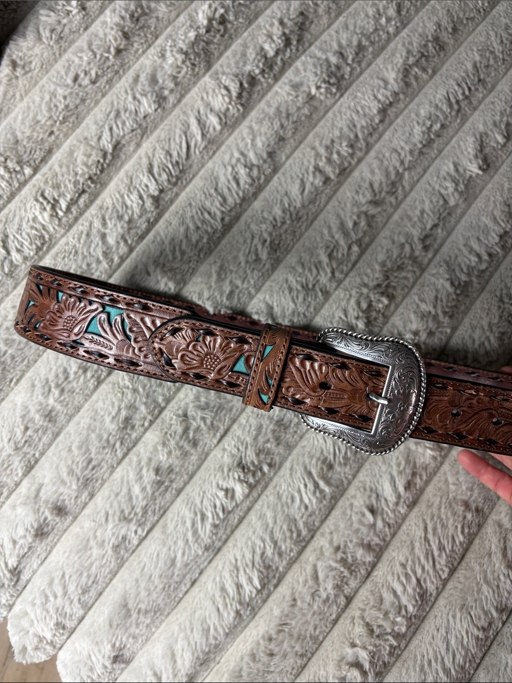 NOCONA MEN'S TAN AND TURQUOISE INLAY FLORAL WESTERN BELT